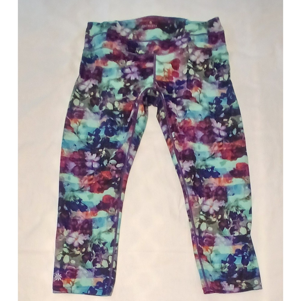 Athleta Floral Print Capri Leggings Purple Blue Red Women's Workout Activewear